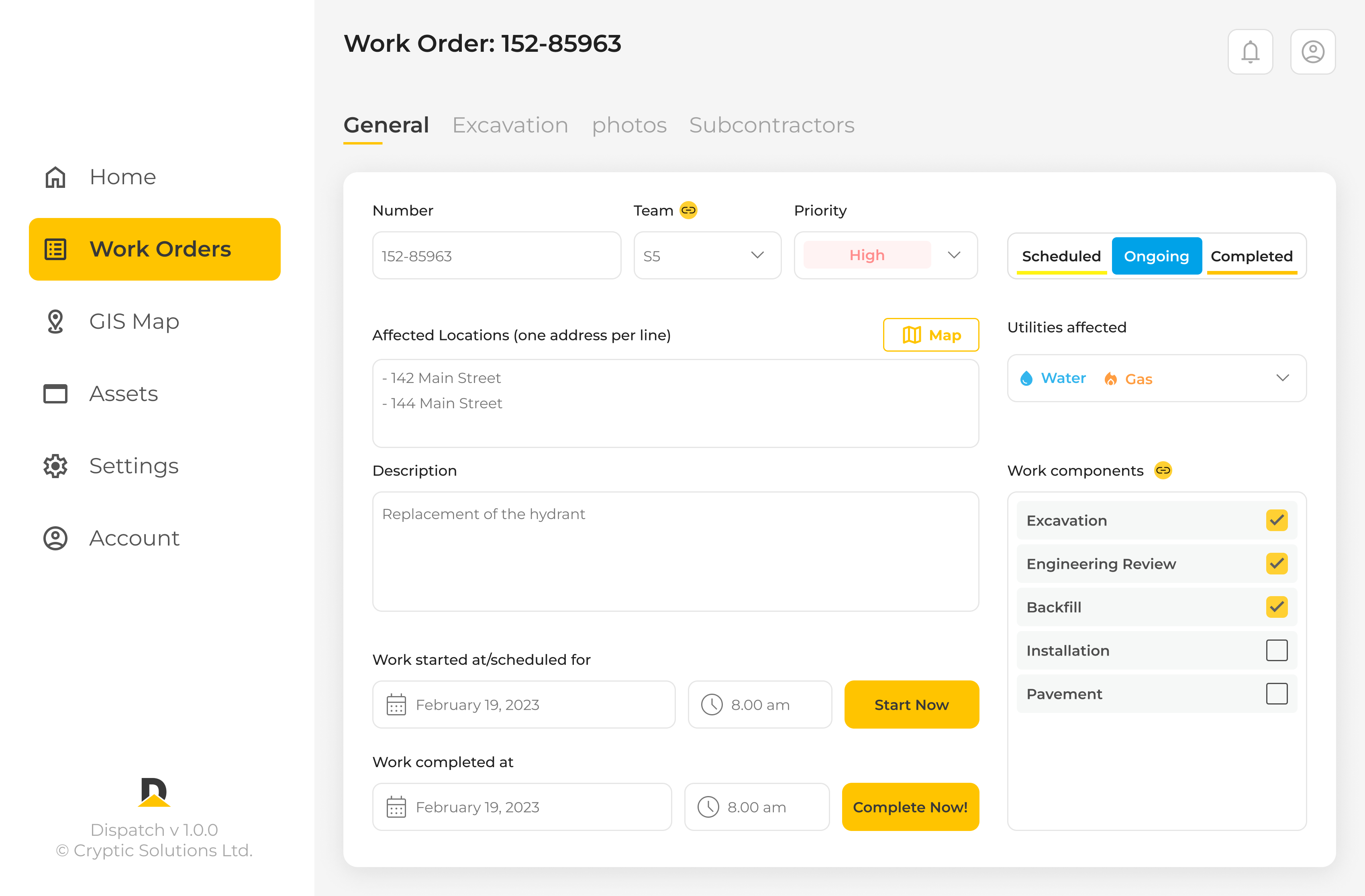 Data entry for a utility repair task and engaging contractors and engineers